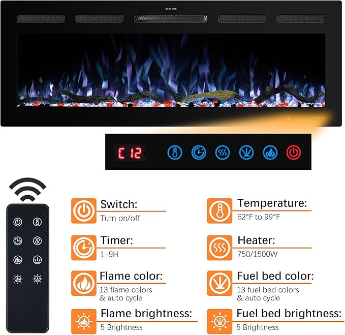 50" WiFi Electric Fireplace Inserts, Recessed and Wall Mounted Fireplace...