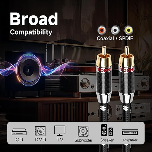 TODN 75-Ohm Coaxial Digital Audio Cable Audiophile 24K Gold-Plated RCA Male