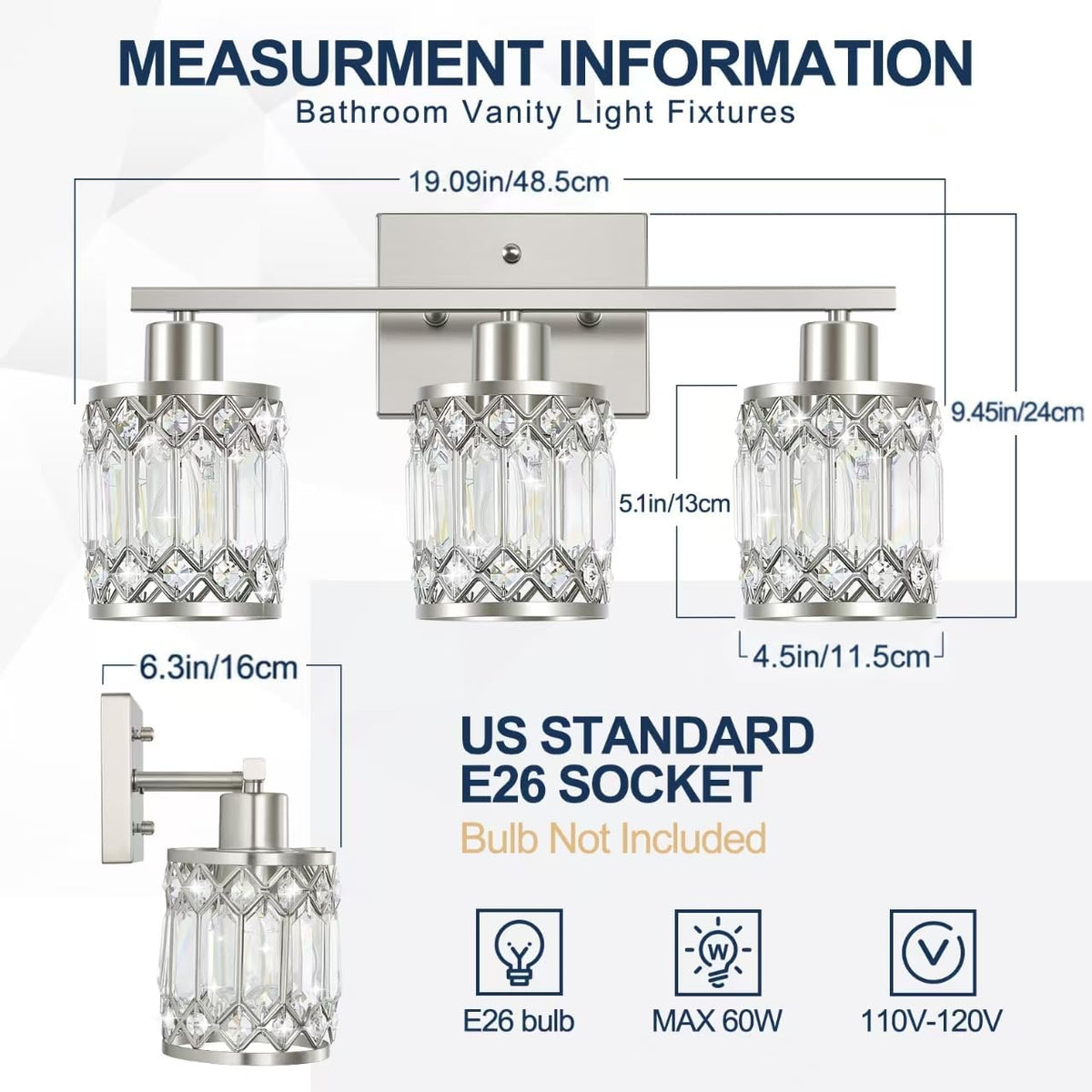 Crystal Modern Bathroom Light Fixtures, 3-Light Brushed Nickel Bathroom Vanit...