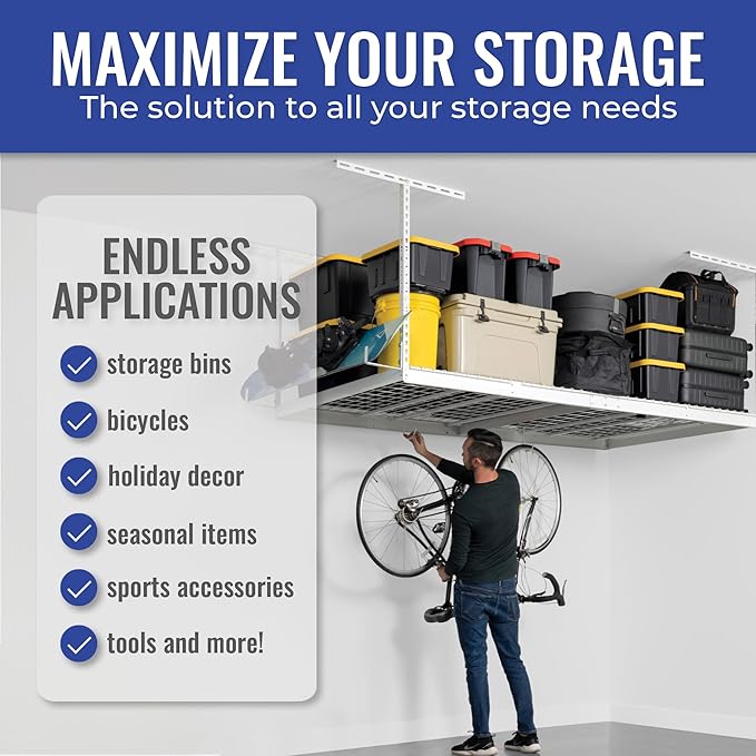 SafeRacks 4 ft x 8 ft Overhead Storage Rack Adjustable 24 in - 45in Height (5...