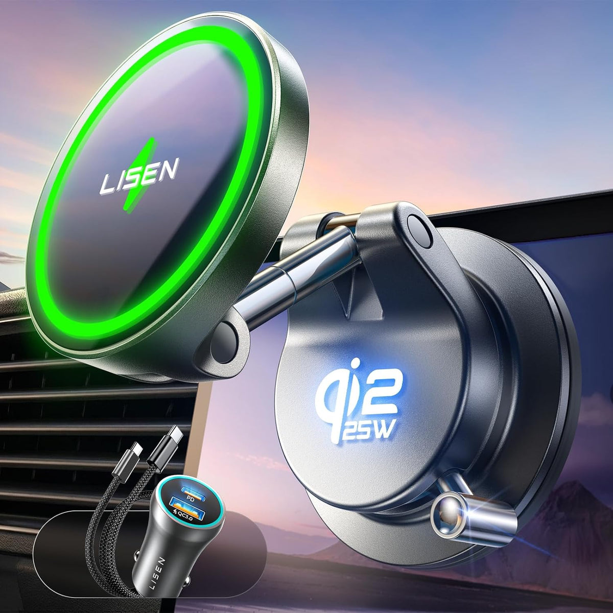 LISEN Qi2.2 25W MagSafe Car Mount Charger, Magnetic Wireless Car Charger