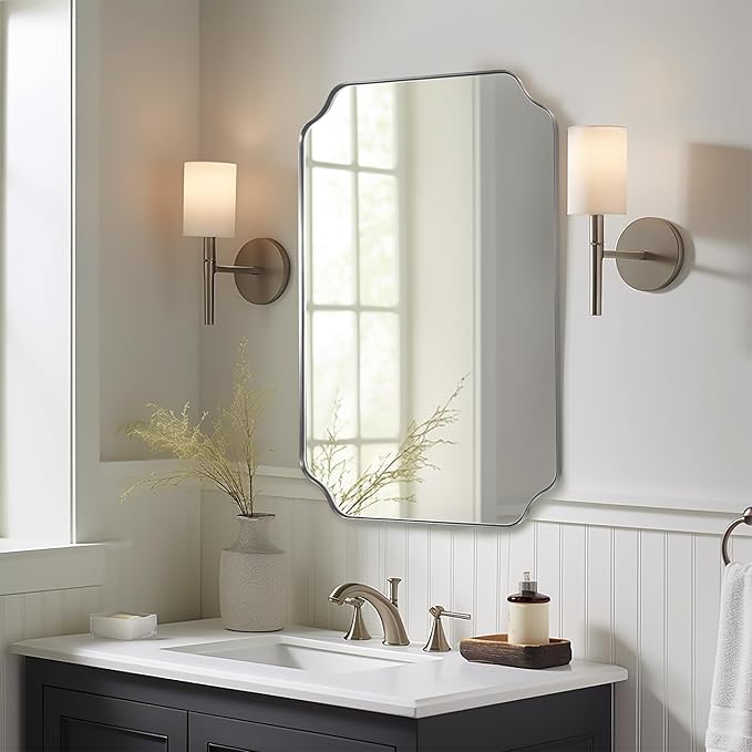 ANDY STAR Scalloped Bathroom Mirror, 24x36 Inch Brushed Nickel Rectangle Mirror