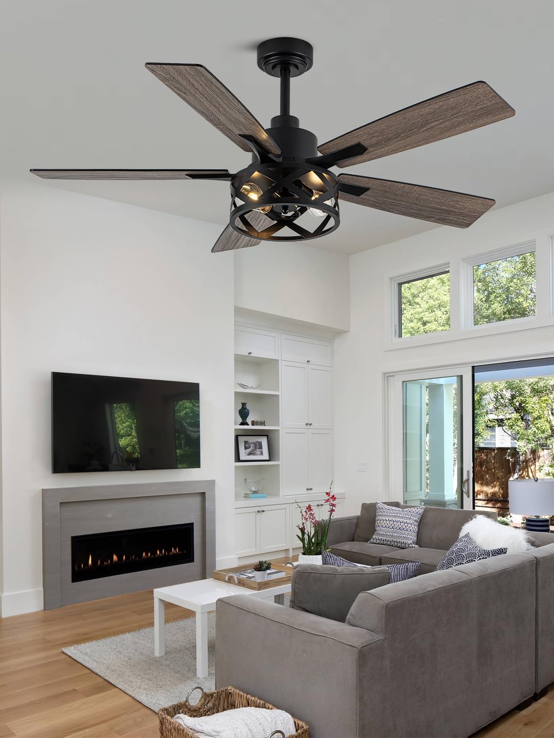 52" Farmhouse Rustic Caged Chandelier Fan with Light