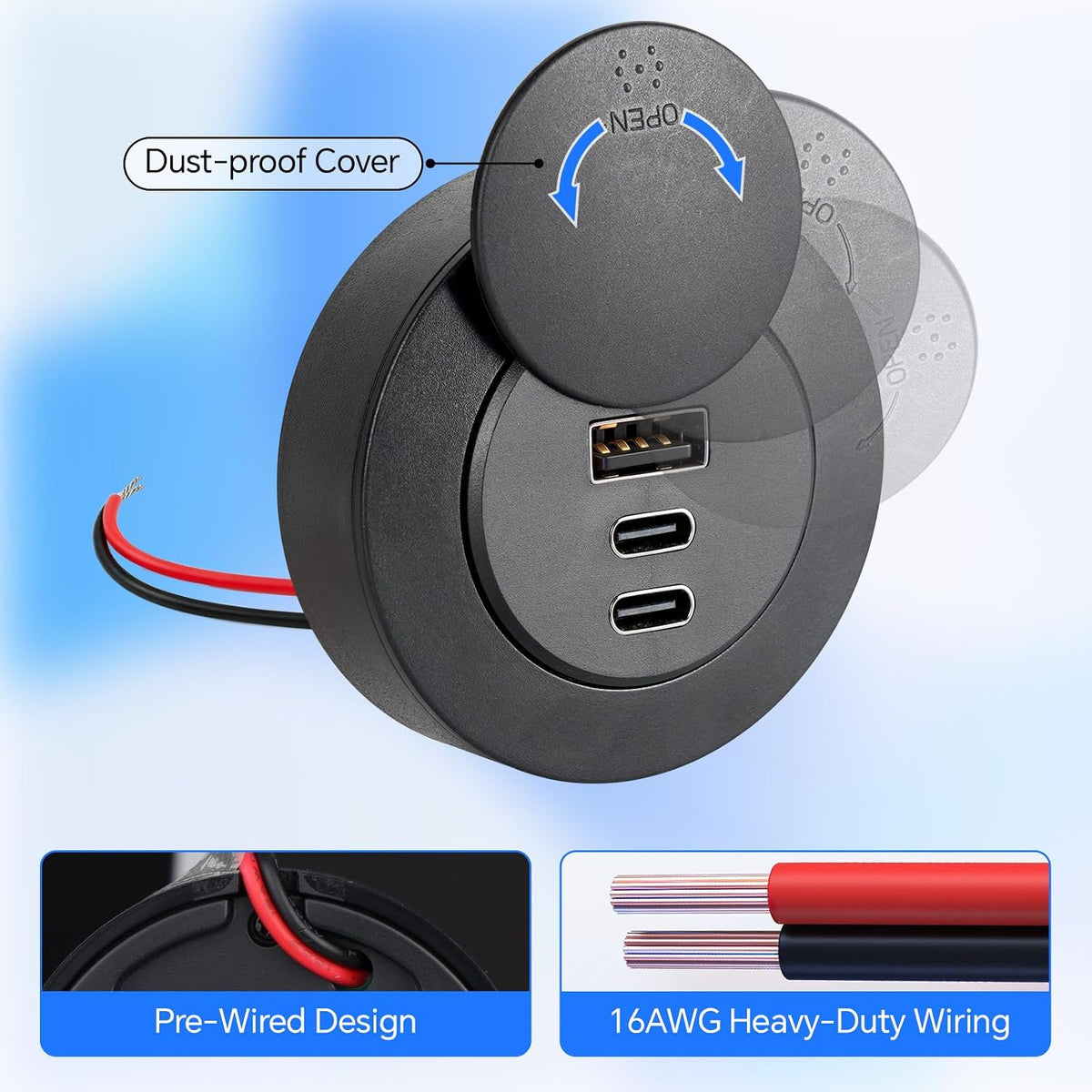 acegoo 72W 3-Port RV USB Outlet, Surface Mount 12V USB Fast Charger Socket