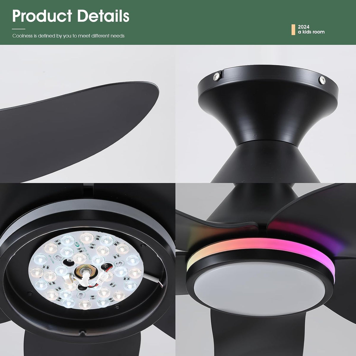 Kviflon 46 In Ceiling Fans with RGB Ring Lights Remote/APP,5 Blades Black