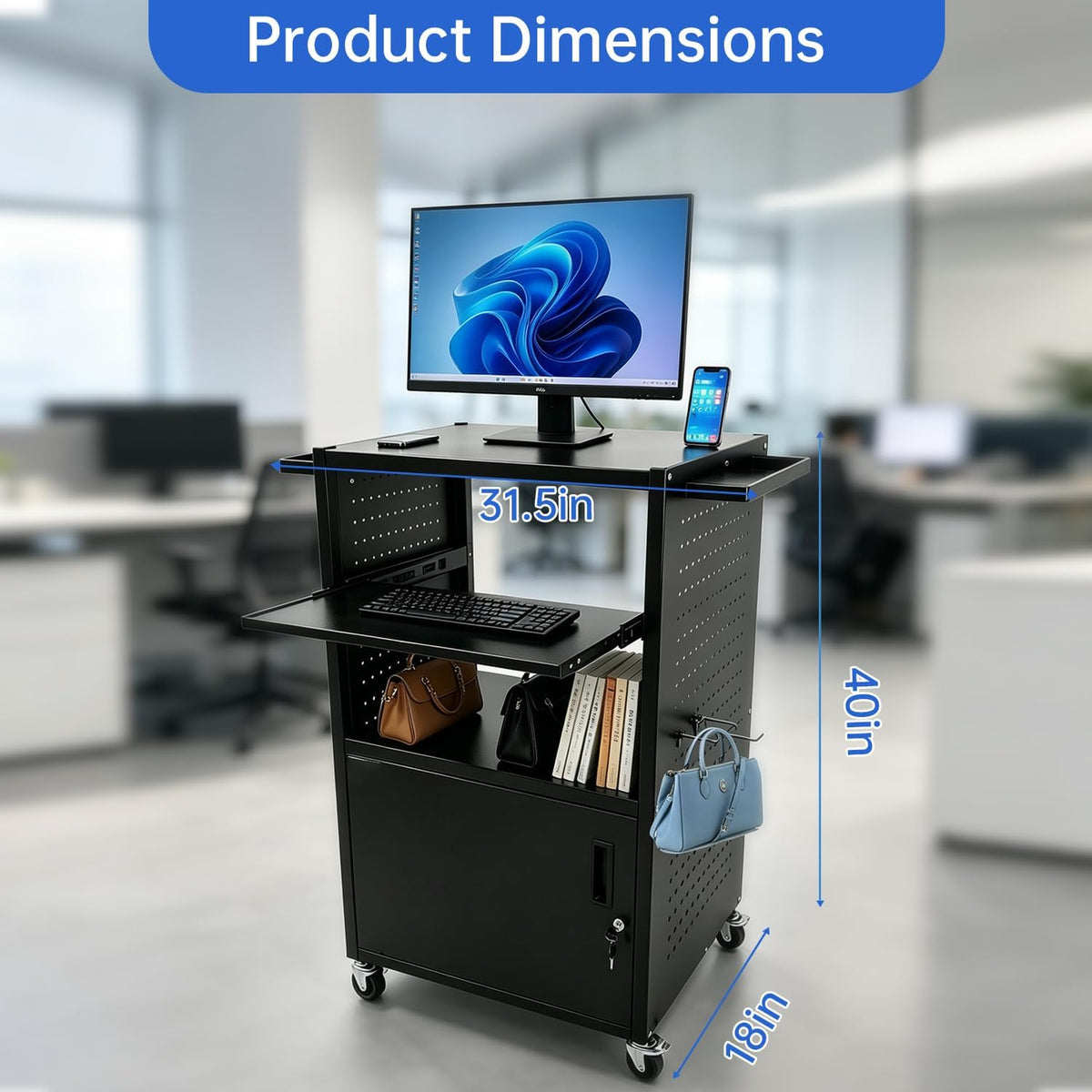 Upgraded AV Cart with Power Strip, Mobile Media Workstation with Pegboard &am...