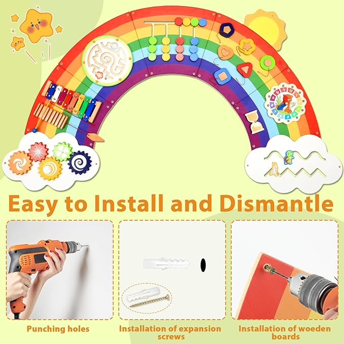 5FT Large Sunshine Rainbow Wooden Activity Wall Panel Christmas Gift