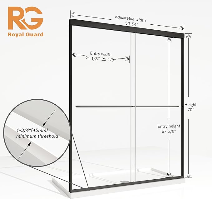 Shower Door, 50-54" W x 70" H Semi-Frameless Double Sliding Glass S...