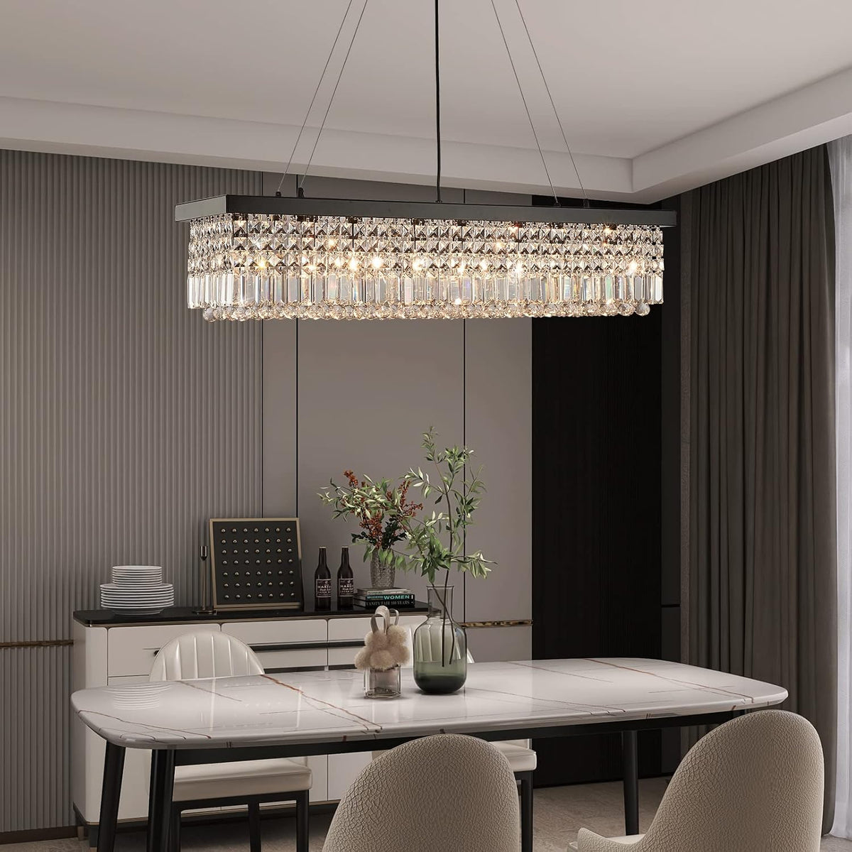 7PM Rectangle K9 Crystal Chandelier Modern Rectangular Pendant Lighting Fixtu...