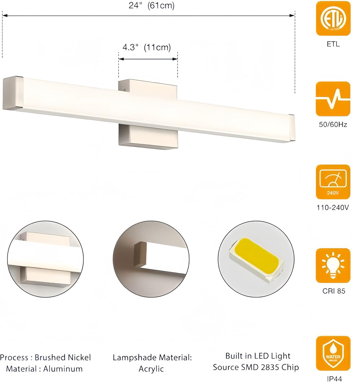 24" LED Bathroom Vanity Light14W Brushed Nickel 4000K Square