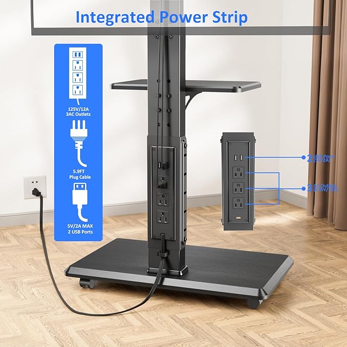 Rolling TV Stand with Power Outlet, Mobile TV Cart