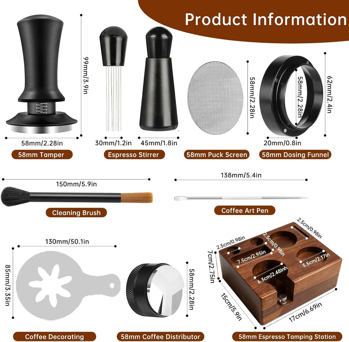 58mm Espresso Accessories Kit, 9 Pcs Espresso Tamper Tools Set