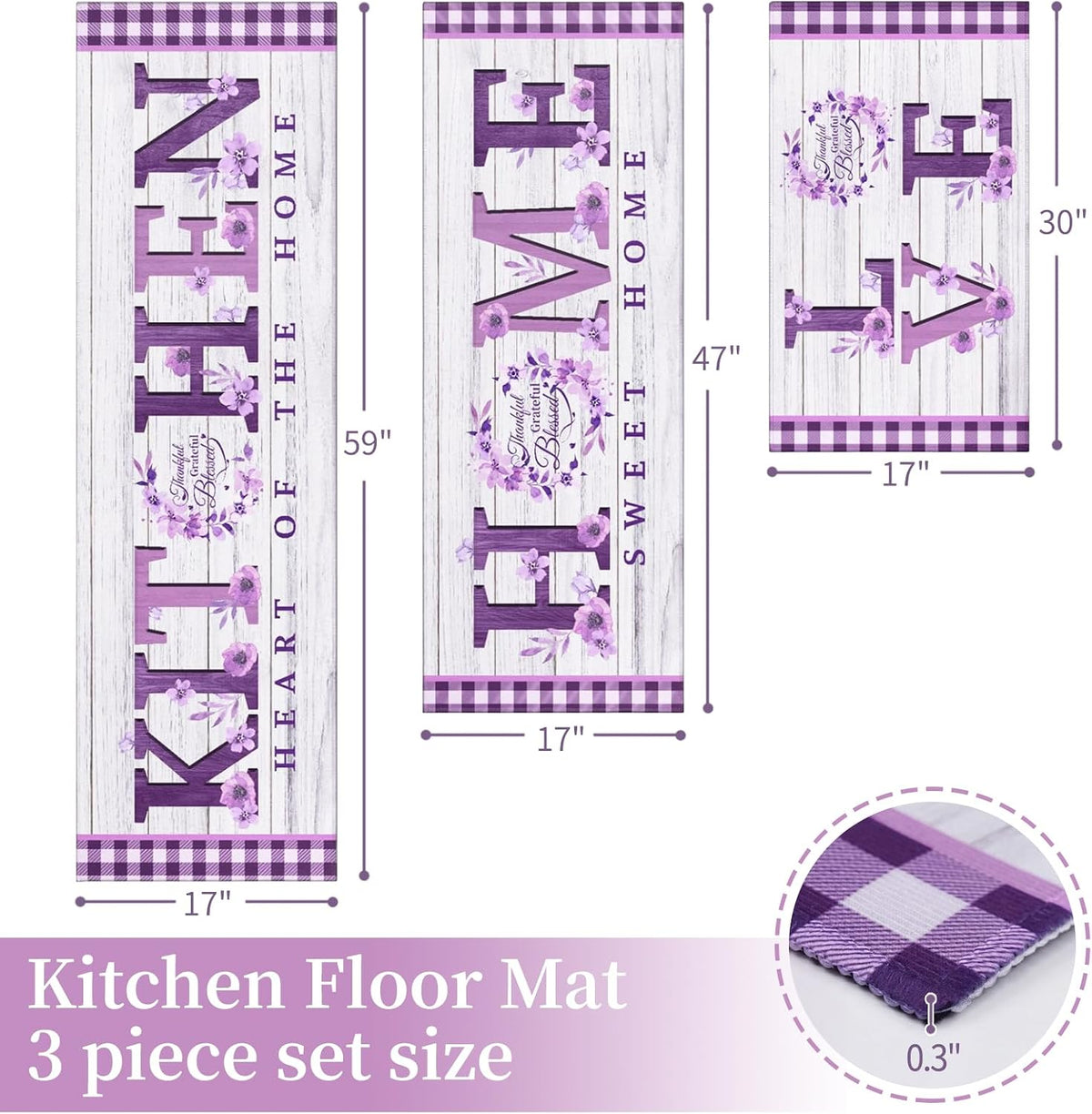Purple Kitchen Rugs sets of 3 Washable, Kitchen Decor and Accessories