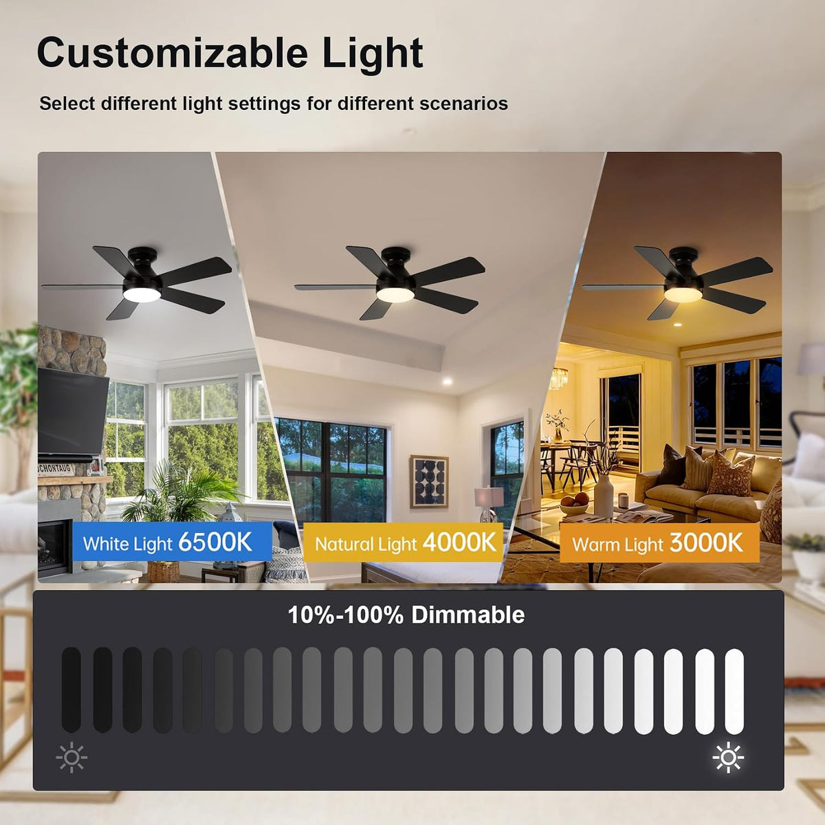42inch 5-Blade Ceiling Fan Light, Recessed Mount with Remote Control, Black