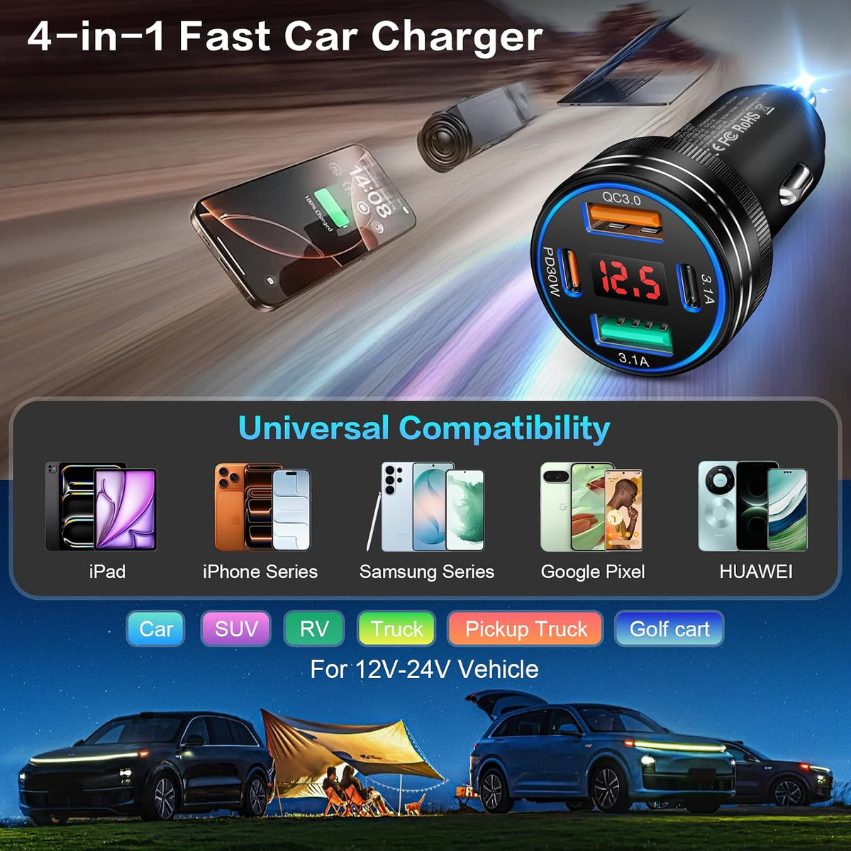5-Pack Car Charger, Ancekoy 65W 4-Port Car Charger Adapter with Voltmeter