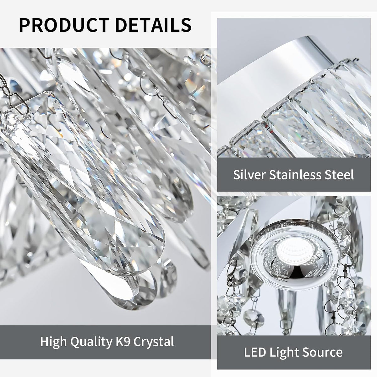 30" Ceiling Silver Crystal Chandeliers: Dimmable 3CCT LED Light with Remote