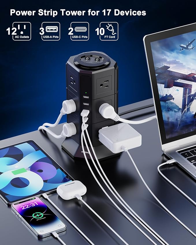Surge Protector Power Strip Tower, 10FT Ultra Flat Extension Cord