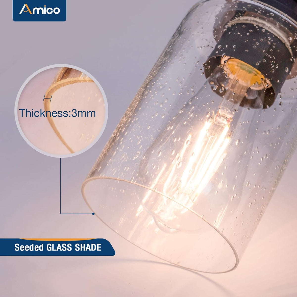 Amico 3-Light Farmhouse Bathroom Vanity Light, Seeded Glass, Black & Wood