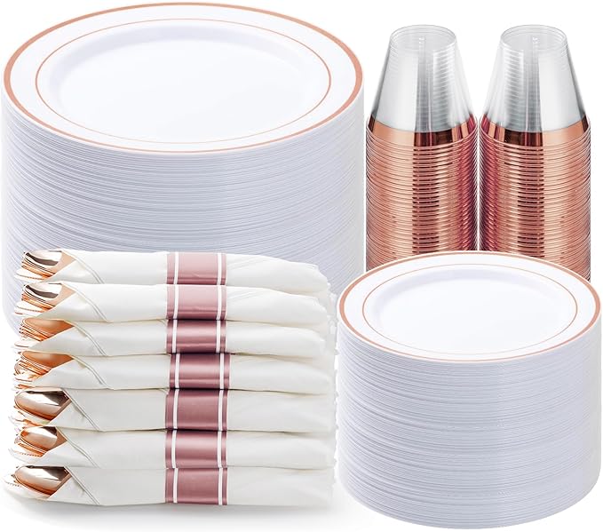 BESTVIP 350PCS Rose Gold Plastic Dinnerware Set, Disposable Party Plates for ...