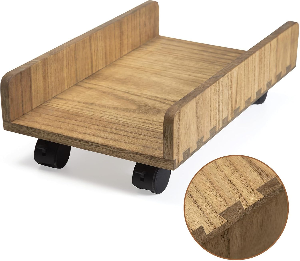 KIRIGEN Wood Computer Tower Stand with Wheels, Rolling PC Cart, Brown