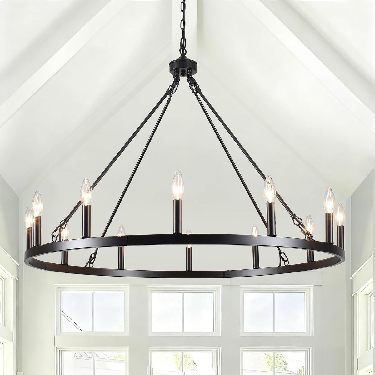 Wagon Wheel Chandelier 12 Light 38" Farmhouse Chandelier for Dining Room
