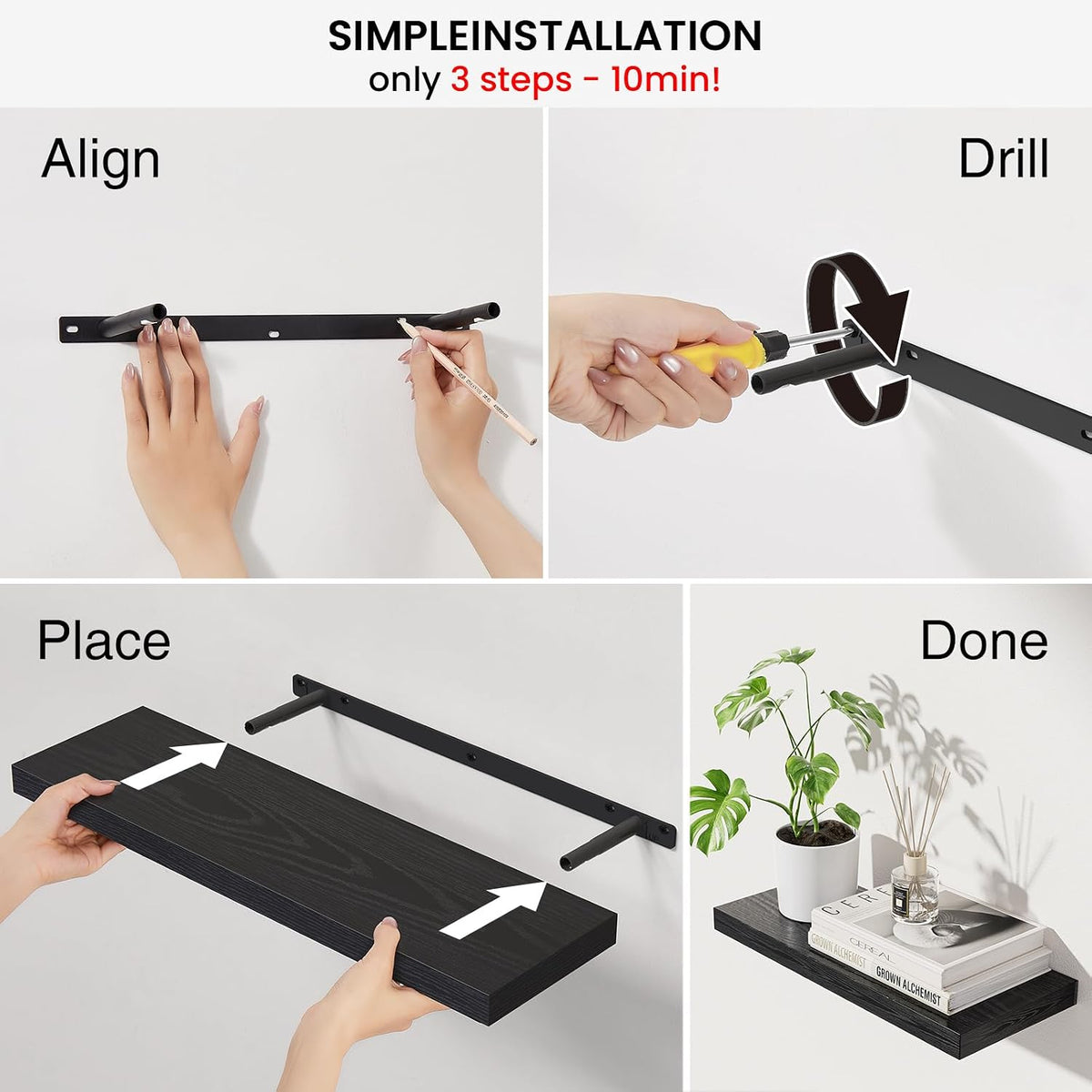BAYKA Black Floating Shelves 22.5in, Set of 3, Wall Mounted for Wall Decor