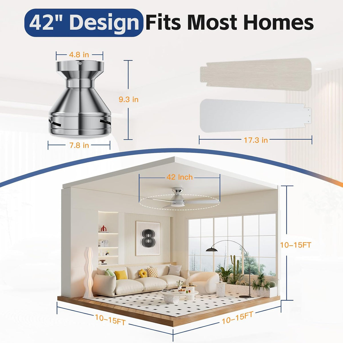 42 Inch Ceiling Fans with Lights And Remote, 3CCT/Flush Moun/6 Speed/Nickel