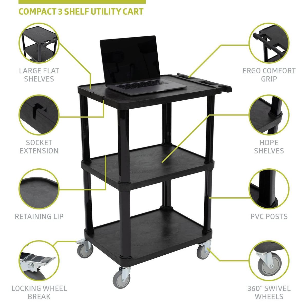 Pearington 3-Tier Compact Multi-Purpose Plastic Utility Cart with Lockable Wh...