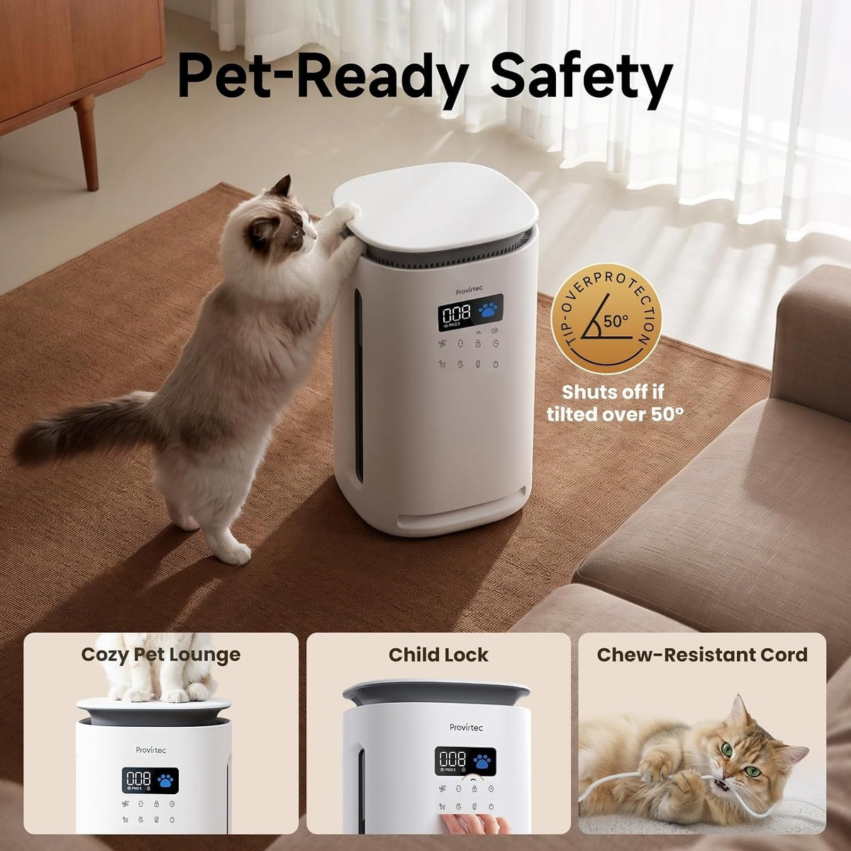 Provirtec Pet Air Purifier for Home with H13 HEPA, 2 Washable Pre-Filters