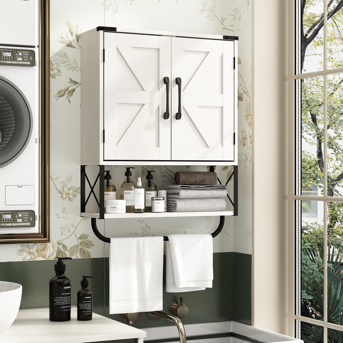 RUSTOWN Farmhouse Medicine Cabinet with 2 Barn Door & Towel Bar Rack