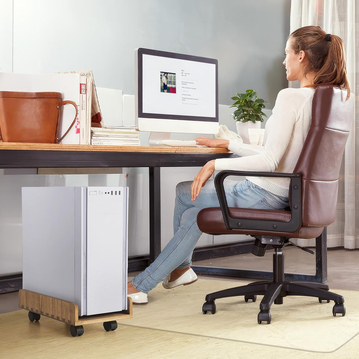 KIRIGEN Wood Computer Tower Stand with Wheels, Rolling PC Cart, Brown