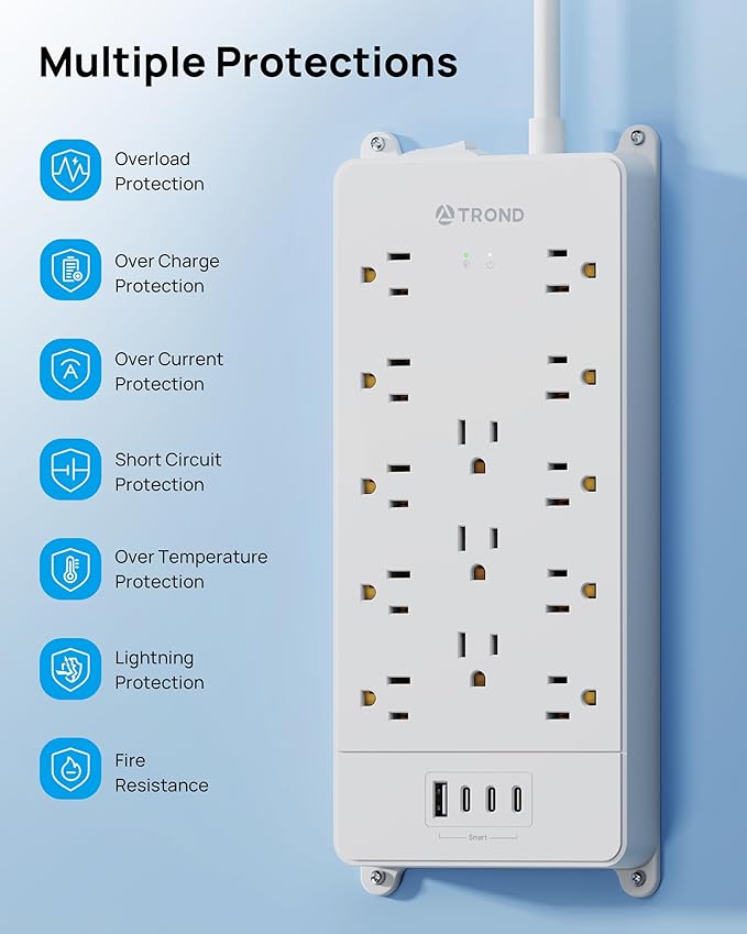 TROND 360° Rotating Flat Plug, Surge Protector Power Strip, 13AC Widely Spaced