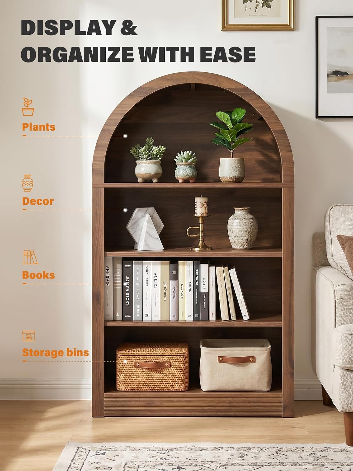 Arched Bookshelf, 47.6 inch Wood Open Bookcase, Brown