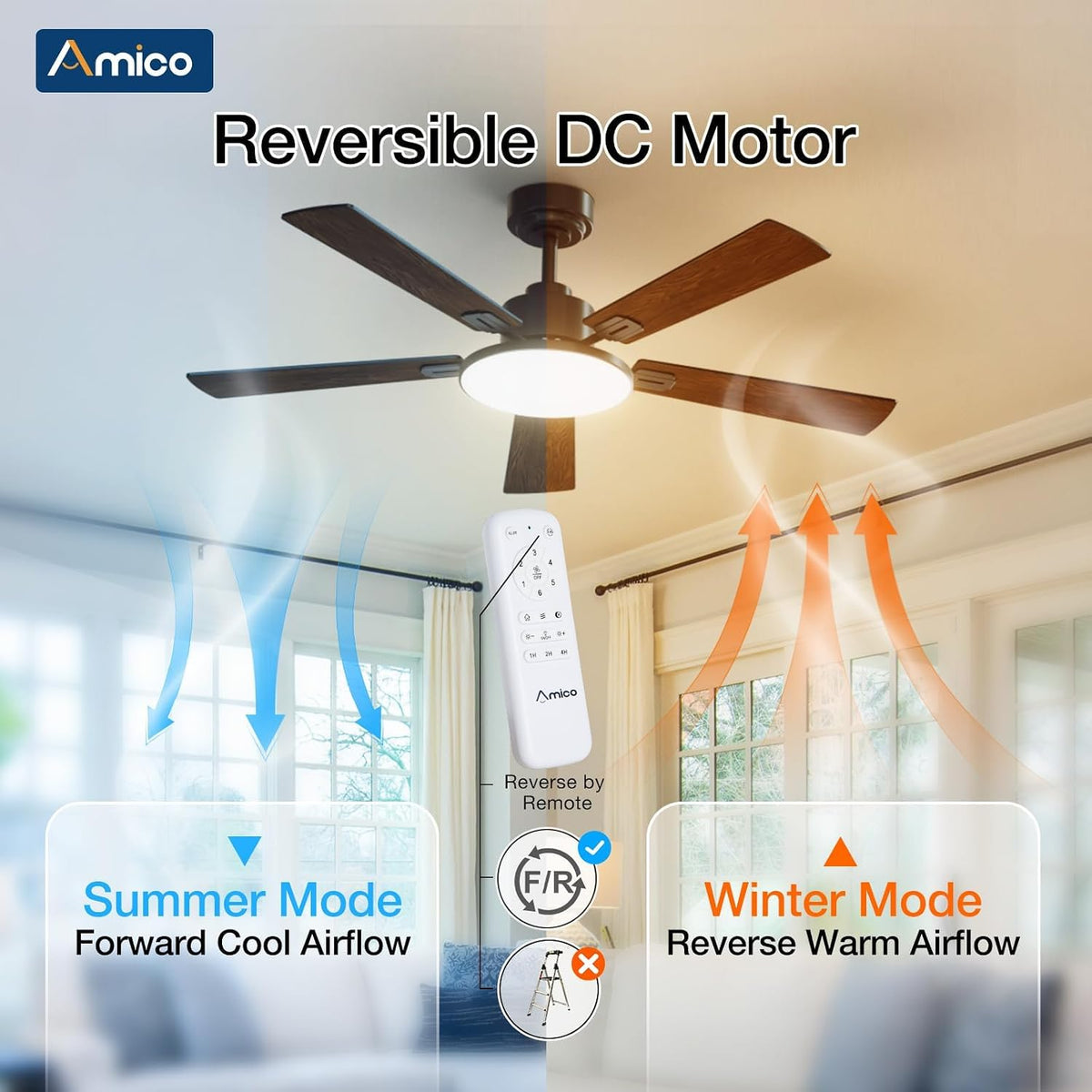 Amico 52 Inch Smart Ceiling Fans with Lights, Downrod Mount, Black