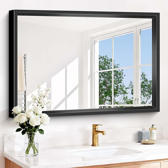 Bathroom Mirror, 42 x 30 Inch Brushed Black Rectangle Mirror, 0.6" Thick...