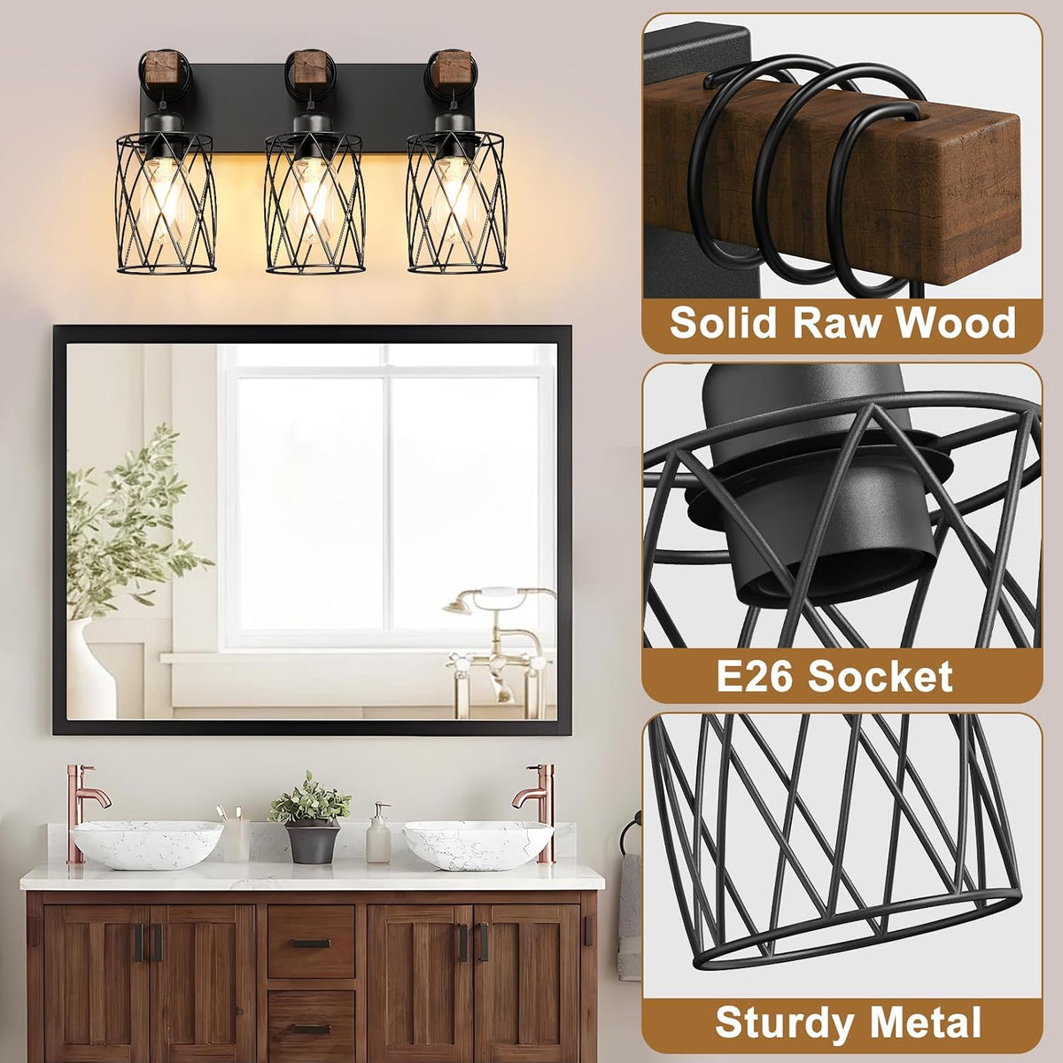 IZORRO Farmhouse Bathroom Vanity Light, 3-Light Wood Bathroom Light Fixtures ...