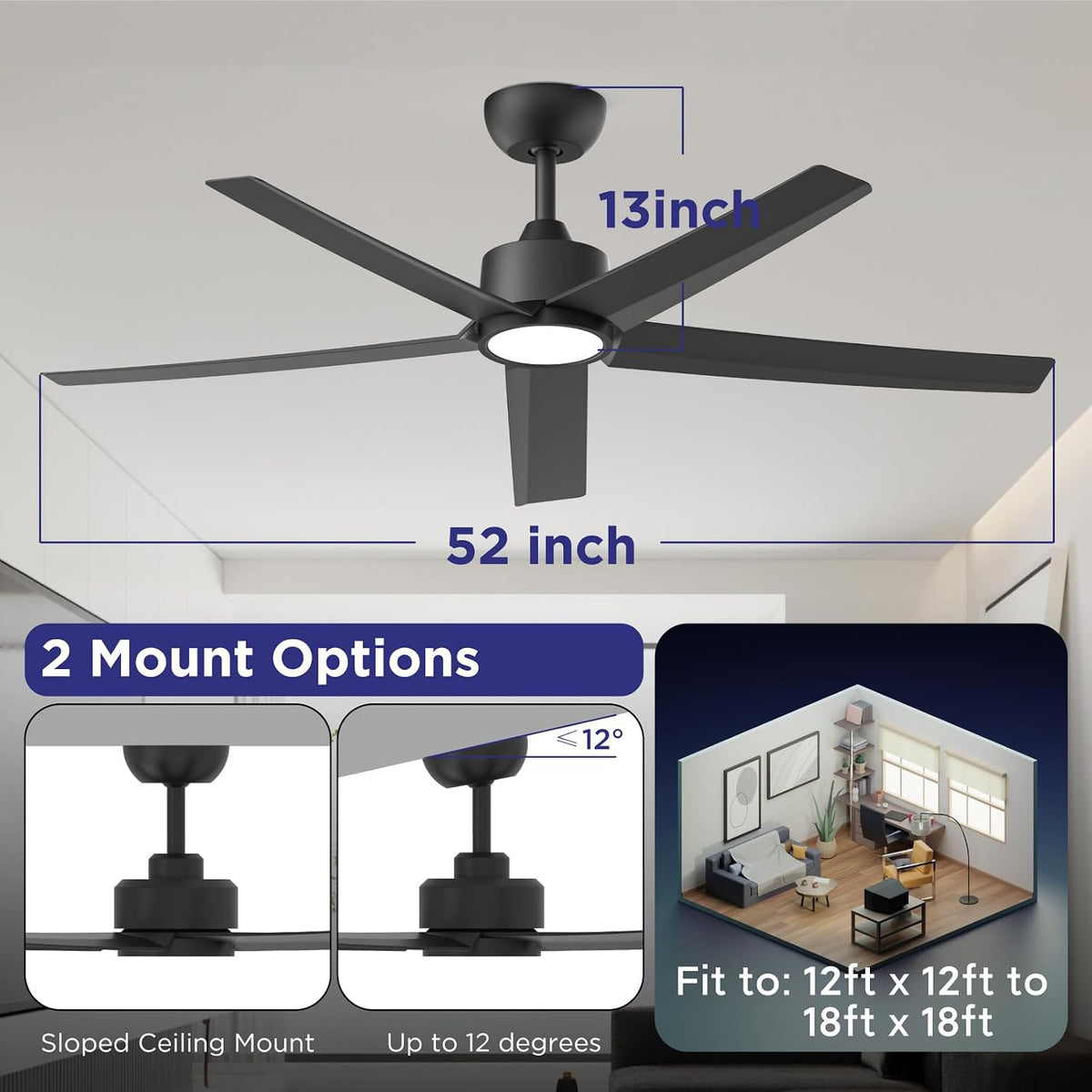ocioc 52 inch Ceiling Fans with Lights and Remote,Black,Powerful Airflow