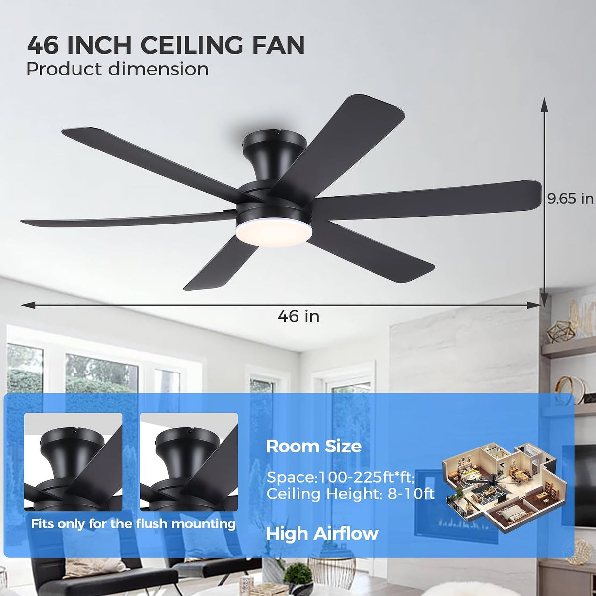 GJeg Ceiling Fans with Lights,46" Low Profile Ceiling Fan (Black