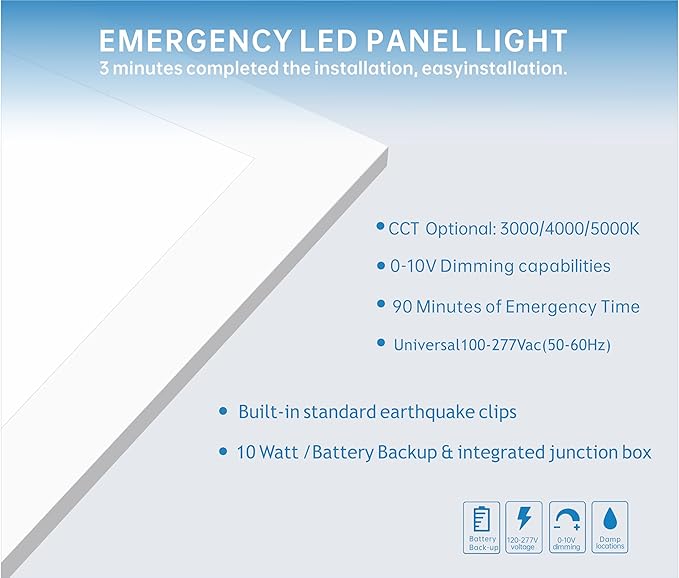 2X4 LED Flat Panel Light with Emergency Battery Backup, 50W 3000K/4000K/5000K