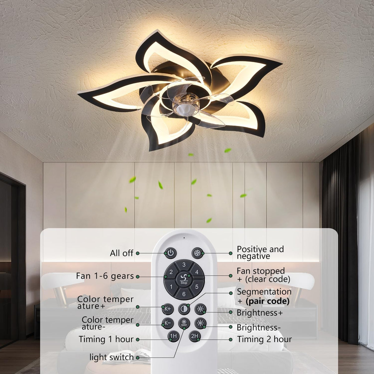 Dalouguan 24" Black Flower Ceiling Fan with Lights Remote Control, LED D...