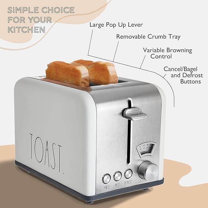 Rae Dunn Toaster, Stainless Steel 2 Slice Square Toaster, Wide Slot