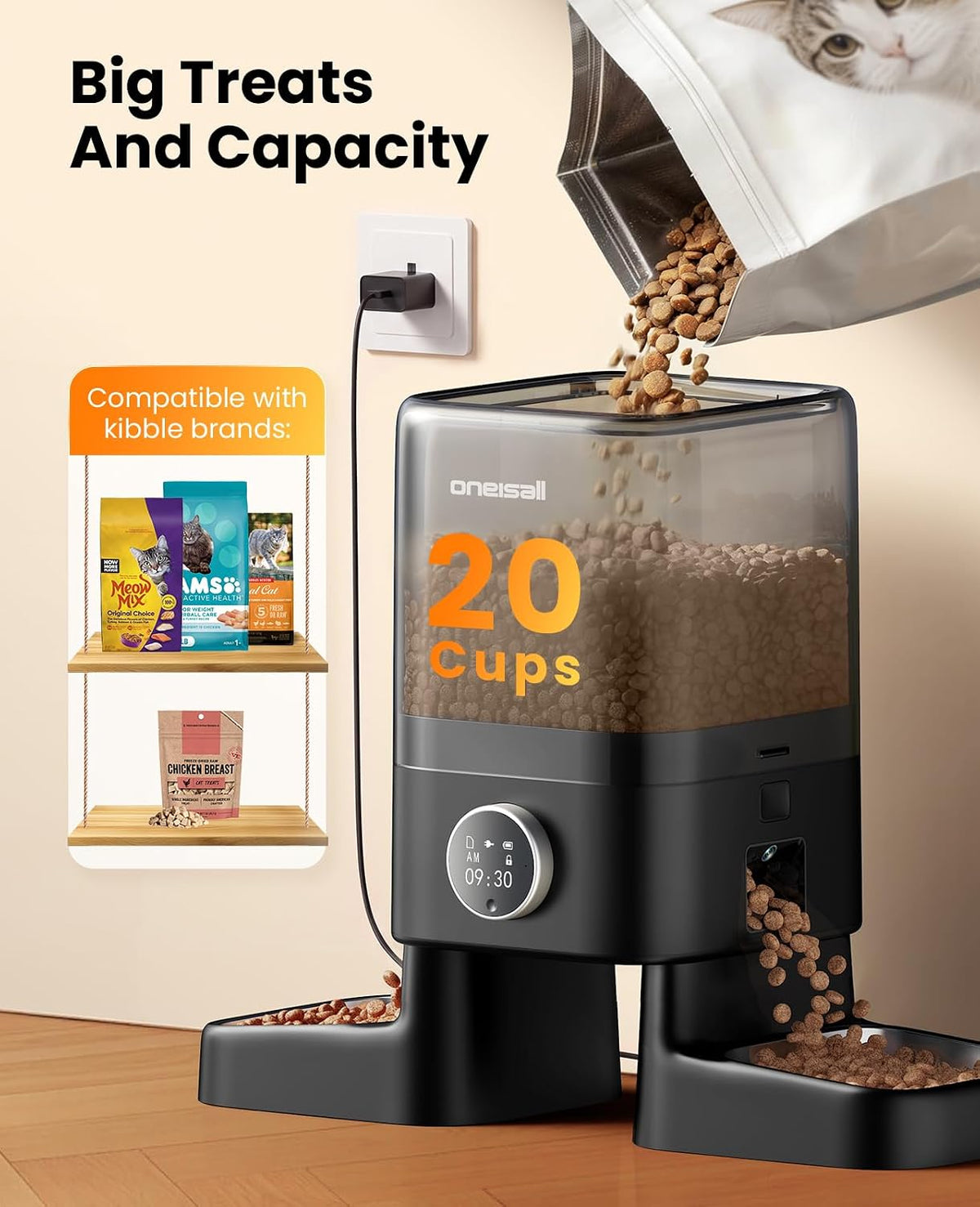 oneisall Automatic Cat Feeder with Camera for 2 Cats Pets, 20 Cups/5L