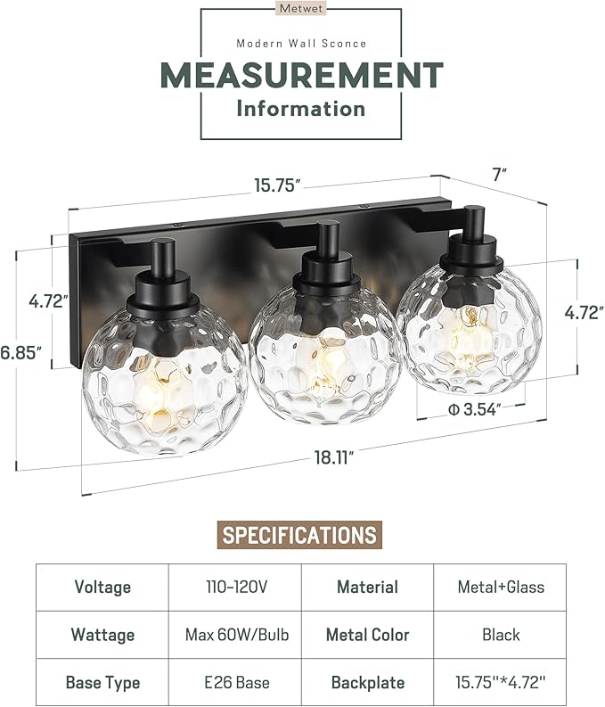 METWET Bathroom Light Fixtures Over Mirror, 3-Light Matte Black Vanity Light