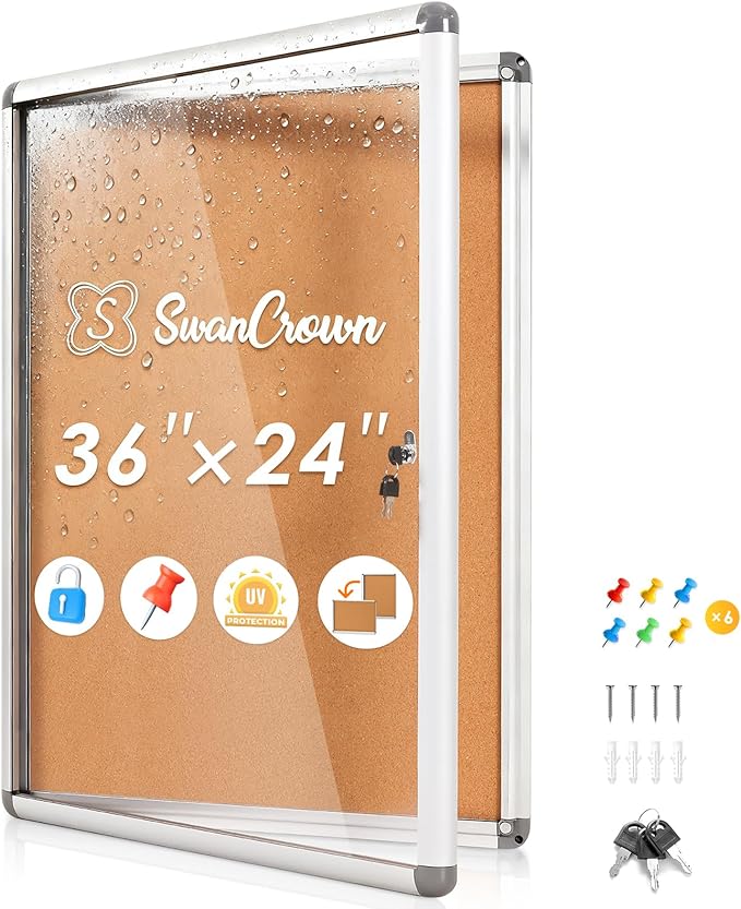 SWANCROWN Enclosed Bulletin Cork Board 36x24 in, Lockable Bulletin Board