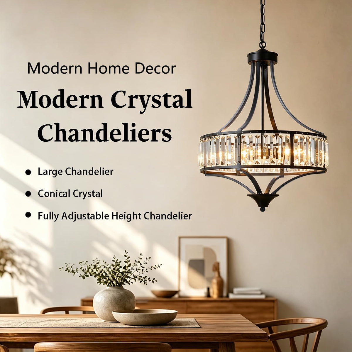 5-Light Black Crystal Chandelier, Modern Farmhouse Dining Room Light Fixture ...