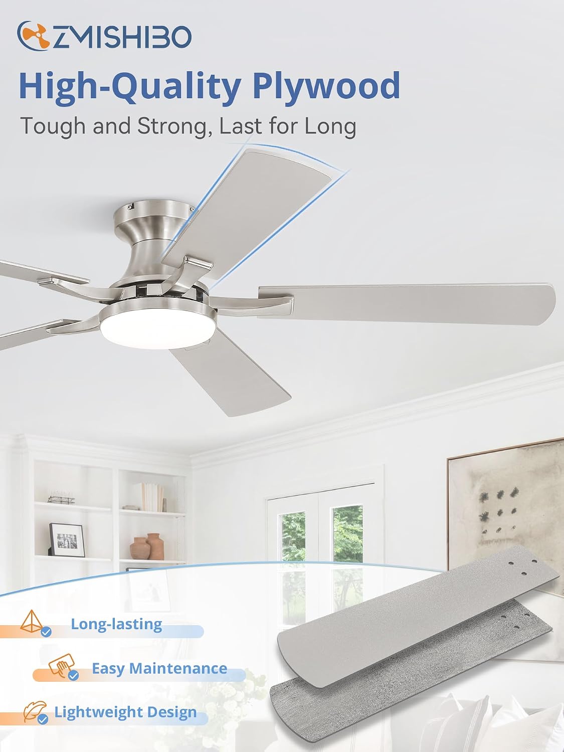 ZMISHIBO 52 Inch Ceiling Fans with Lights, Remote&App Control, Flush Mount