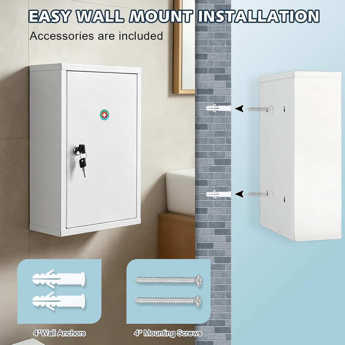 KYODOLED Locking Medicine Cabinet with Keys, Wall Mount, 15.75 Inch, White
