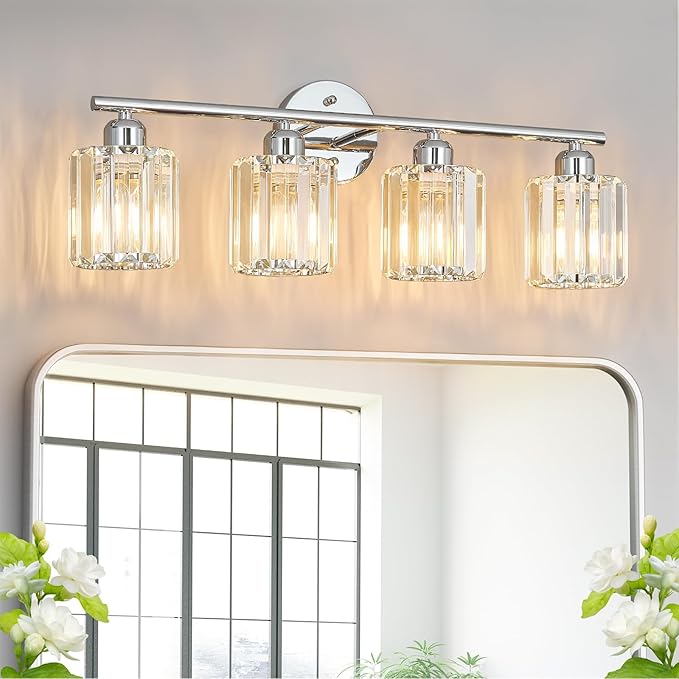 FDPBY Modern 4 Light Crystal Vanity Light, Chrome Vertical Bathroom Light