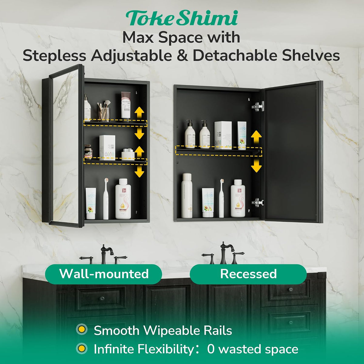 TokeShimi 14 x 18 Recessed Medicine Cabinet, Assembly Required, Black Bathroo...