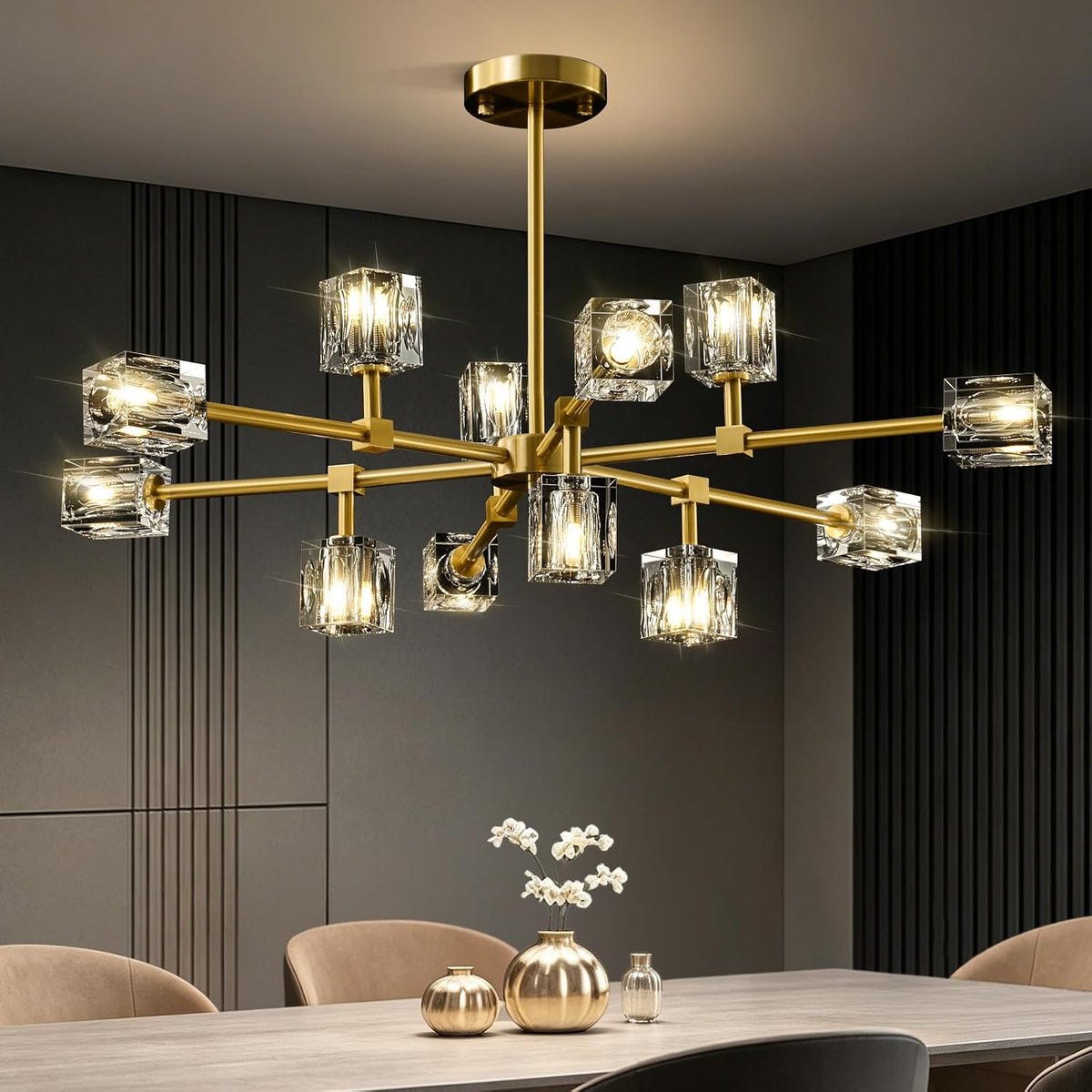 Modern Sputnik Crystal Brass Chandelier: Gold Dining Room Living Room Light